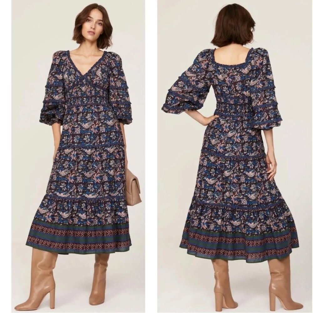 Sea New York Smocked Printed 100% Cotton Midi Dress Size 6